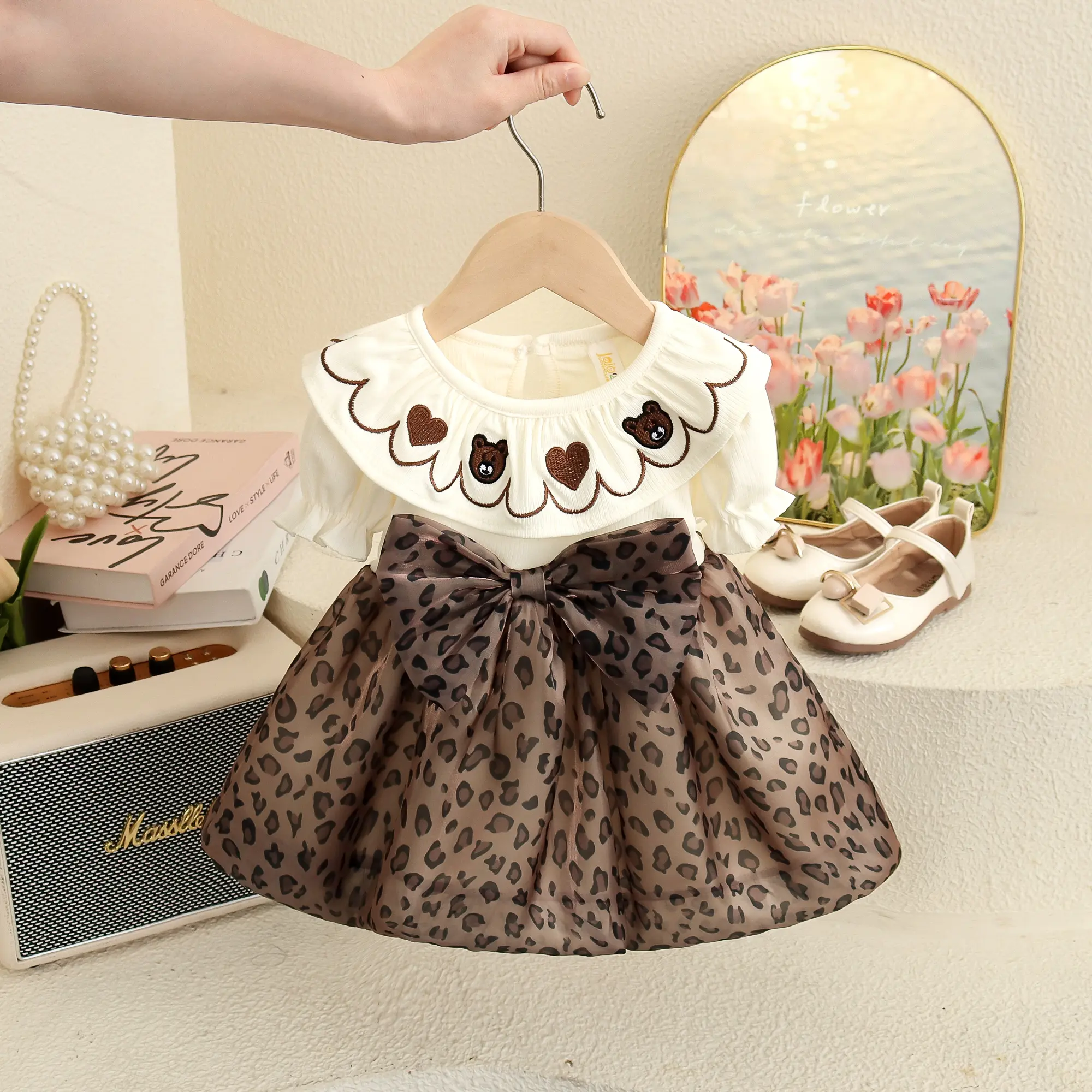 Summer Baby Girl Dresses New Sweet Leopard Print Toddler Dress Cartoon Embroidery Short Sleeves Clothes Girl