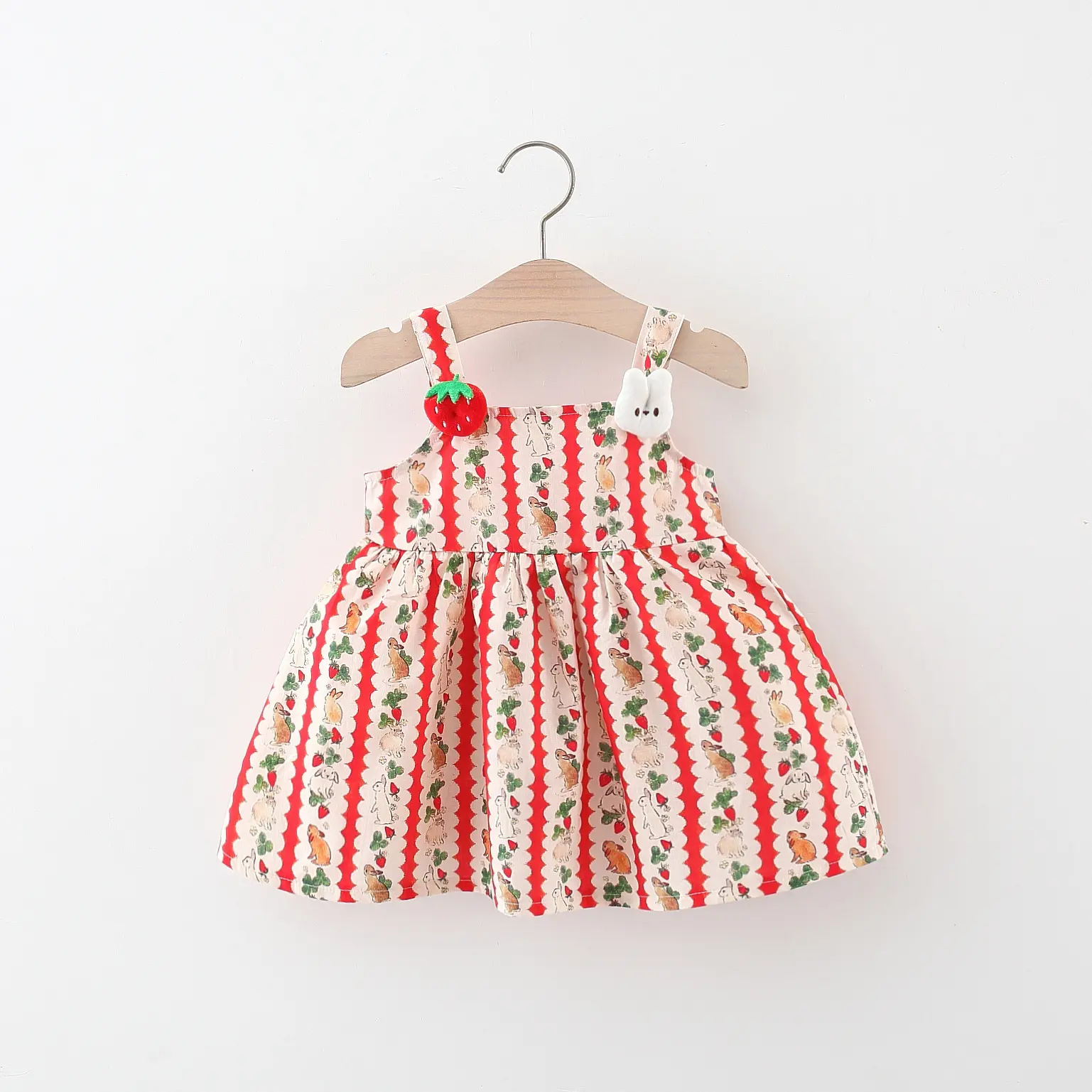 Summer beach baby girl dress 3D cartoon strawberry rabbit shoulder strap rabbit print princess dress for two girls
