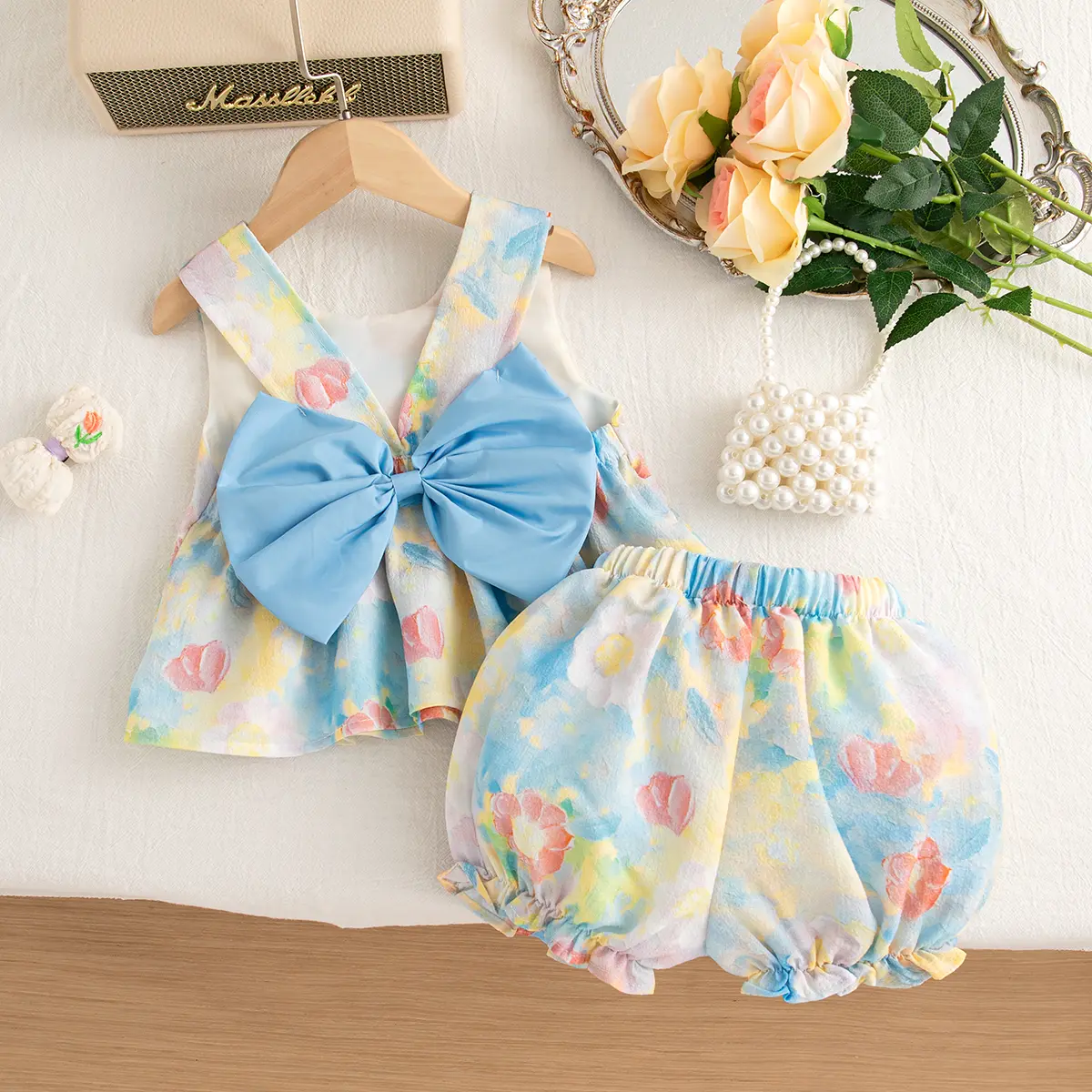 Summer 2 Pieces Set Clothes Girl Sleeveless Shorts Flower Print Baby Clothes Sweet Bow Blue Beach Party Baby Sets