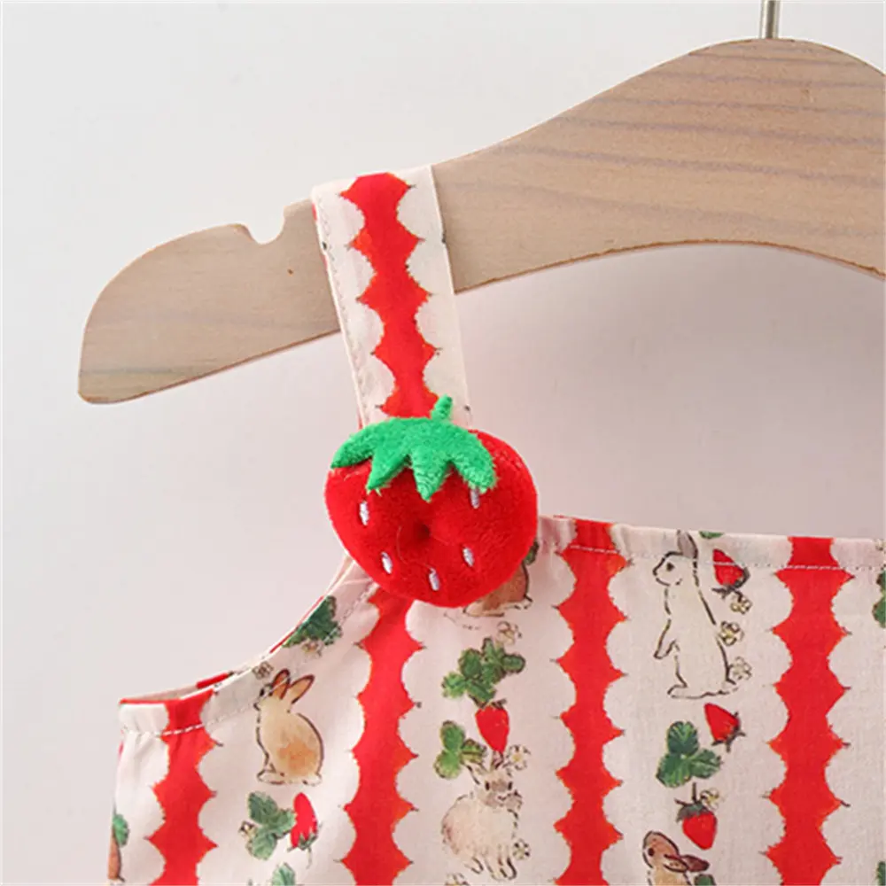Summer beach baby girl dress 3D cartoon strawberry rabbit shoulder strap rabbit print princess dress for two girls