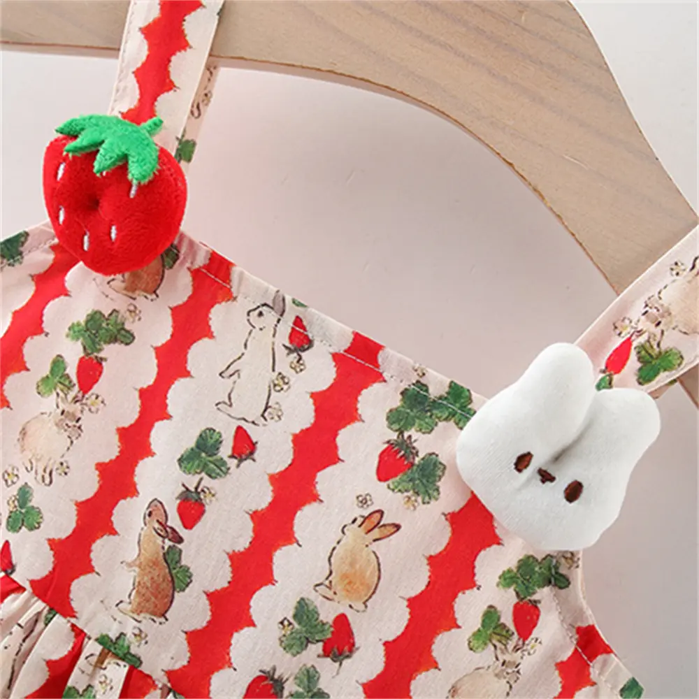 Summer beach baby girl dress 3D cartoon strawberry rabbit shoulder strap rabbit print princess dress for two girls