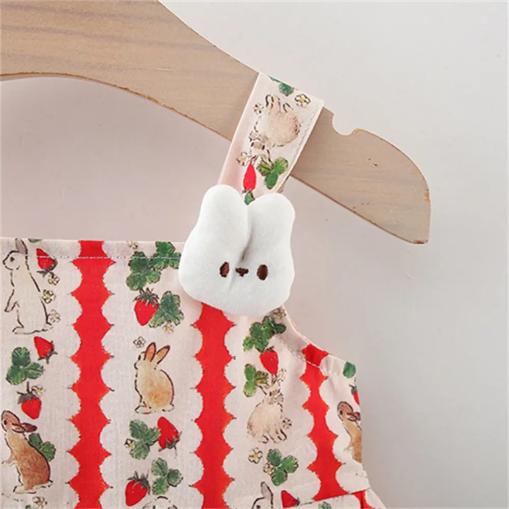 Summer beach baby girl dress 3D cartoon strawberry rabbit shoulder strap rabbit print princess dress for two girls
