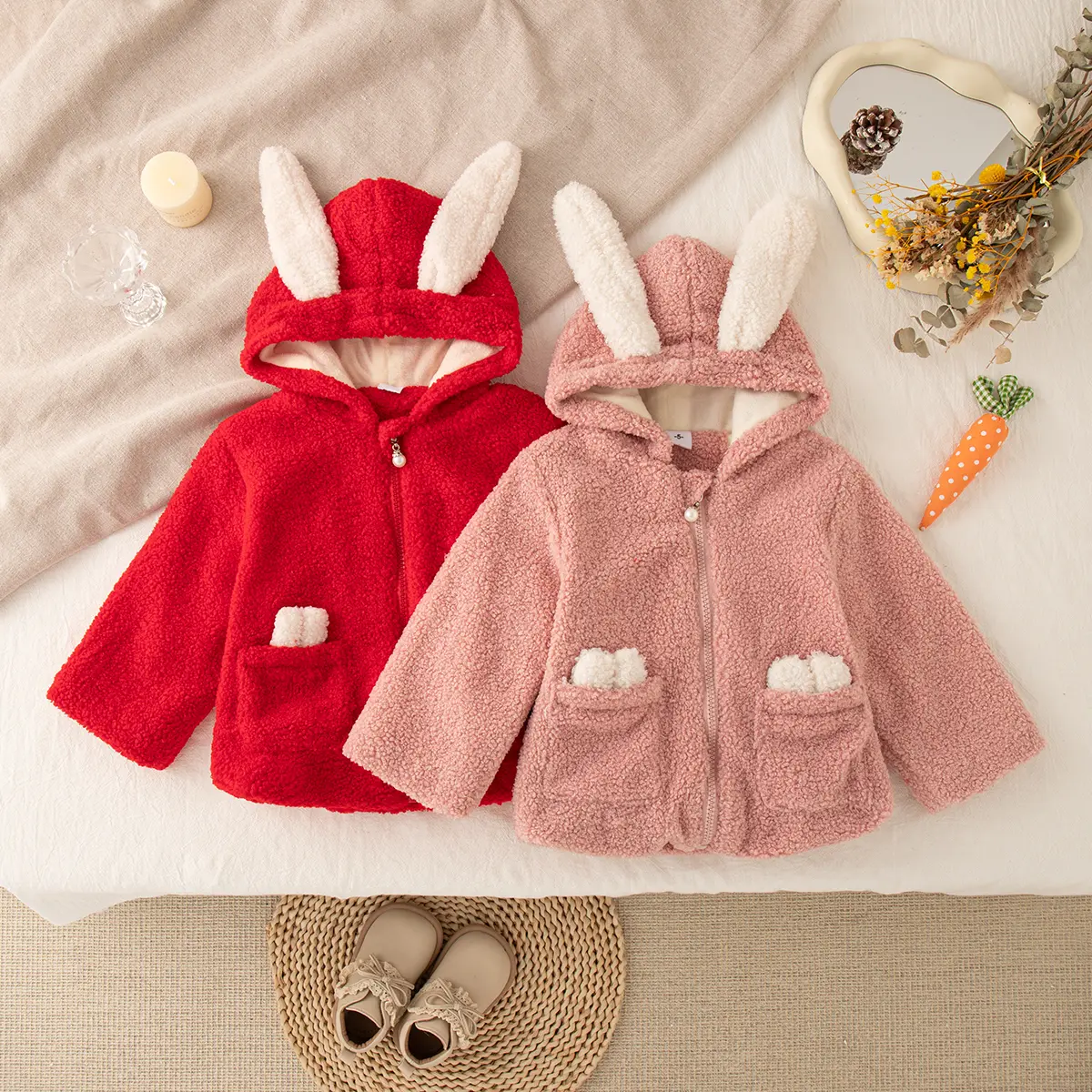 Baby Jacket Autumn Winter New Long Sleeved Baby Girl Clothes Solid Color Hooded Cute Rabbit Ear Clothes Girl
