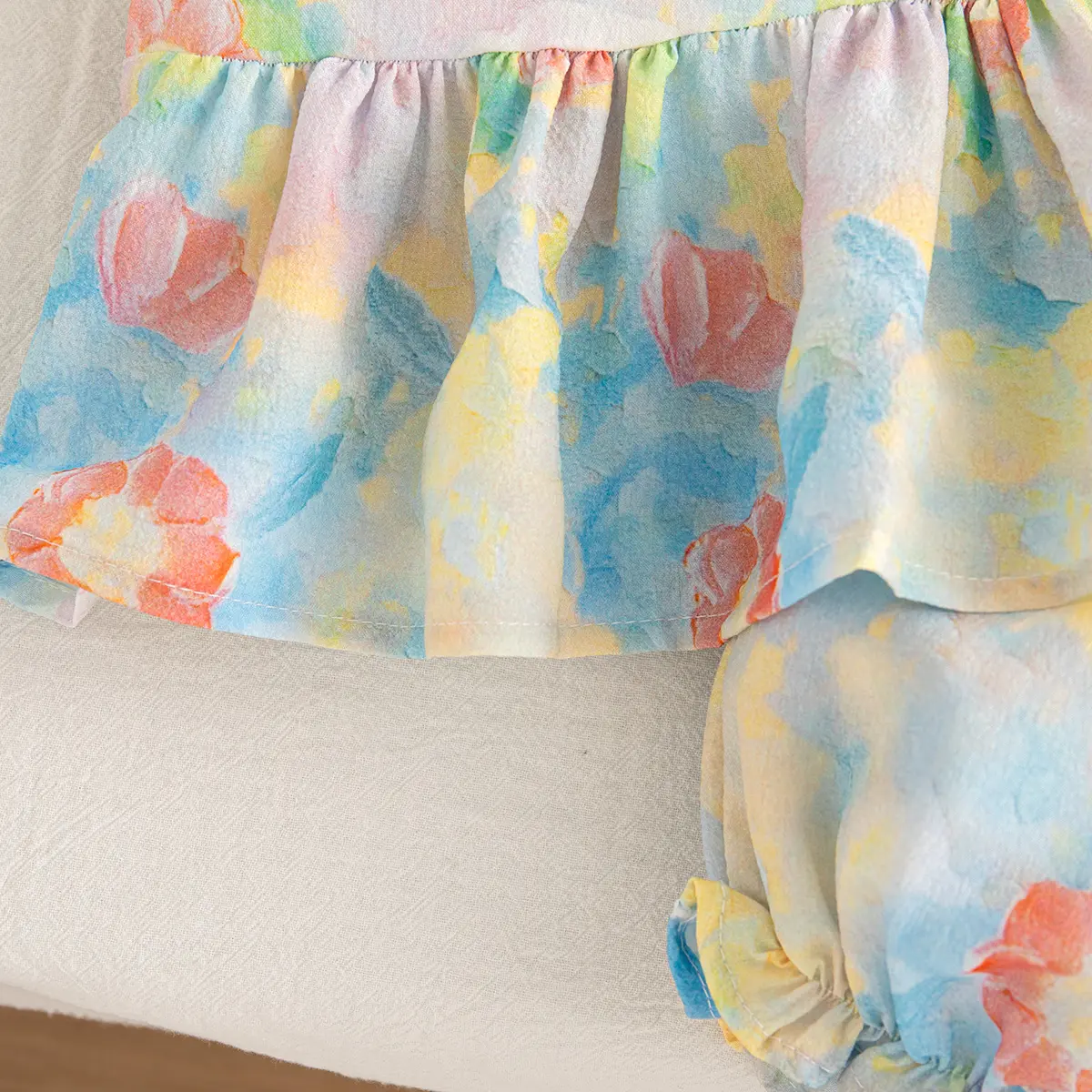 Summer 2 Pieces Set Clothes Girl Sleeveless Shorts Flower Print Baby Clothes Sweet Bow Blue Beach Party Baby Sets