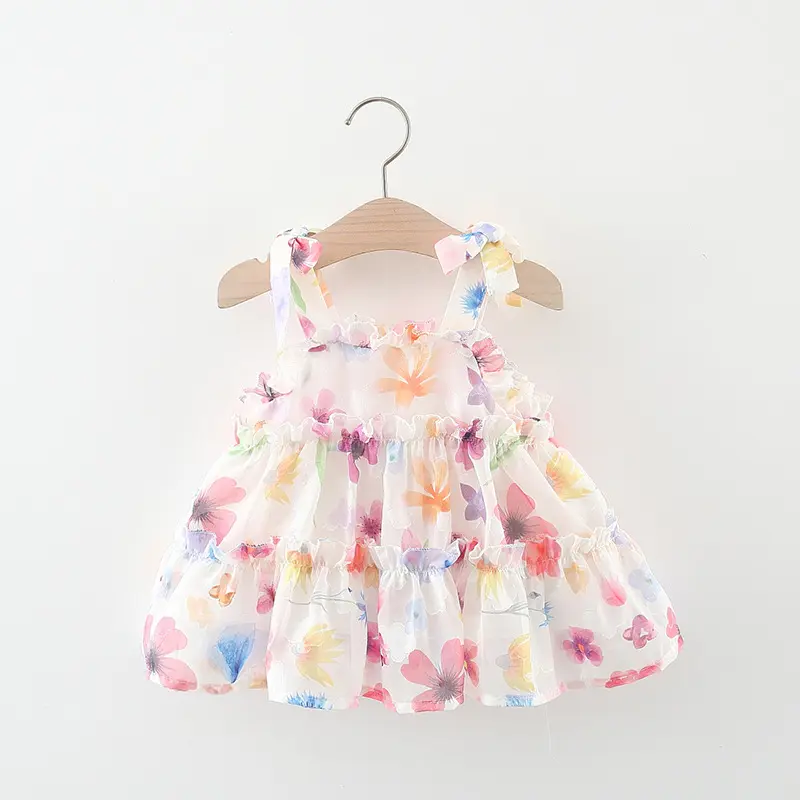 Summer girl's suspender dress baby girl's bow and floral floral thousand layer suspender princess dress