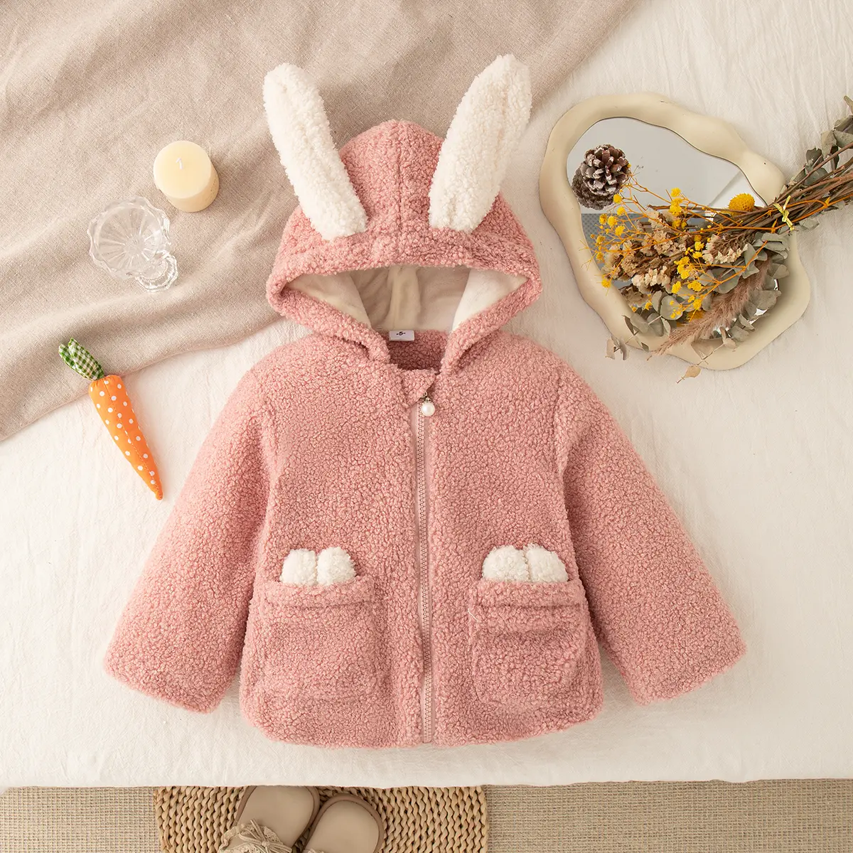 Baby Jacket Autumn Winter New Long Sleeved Baby Girl Clothes Solid Color Hooded Cute Rabbit Ear Clothes Girl