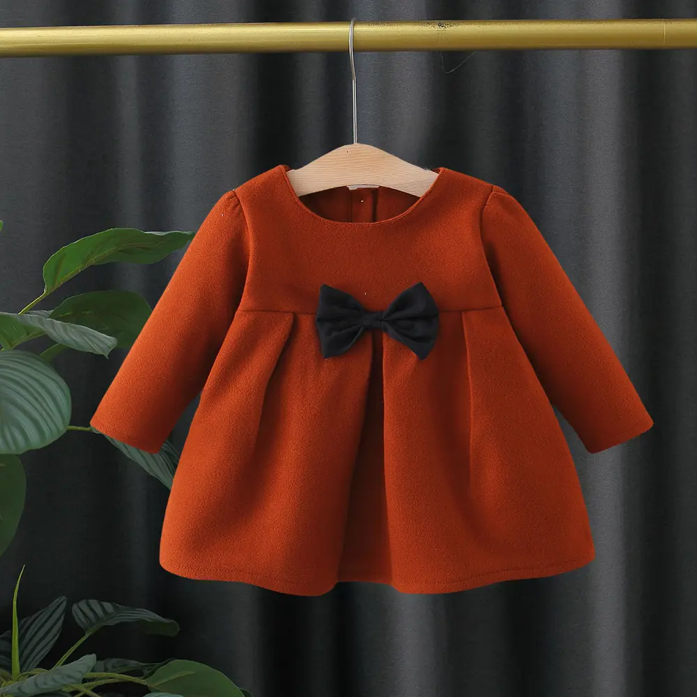 New Korean Version Dress For Girls In Autumn Cute Bow Tie, Long Sleeved Temperament A-Line Princess Dress