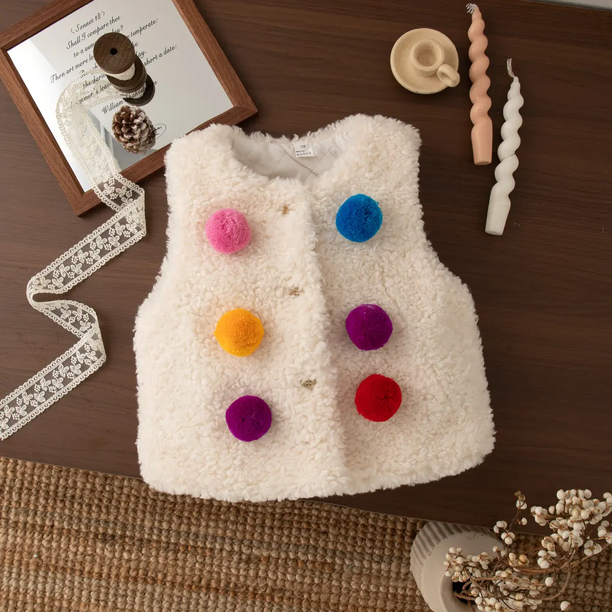 Baby Waistcoat Winter New Sleeveless Clothes Girl Solid Color Round Neck Button Cardigan Wool Ball Baby Clothes