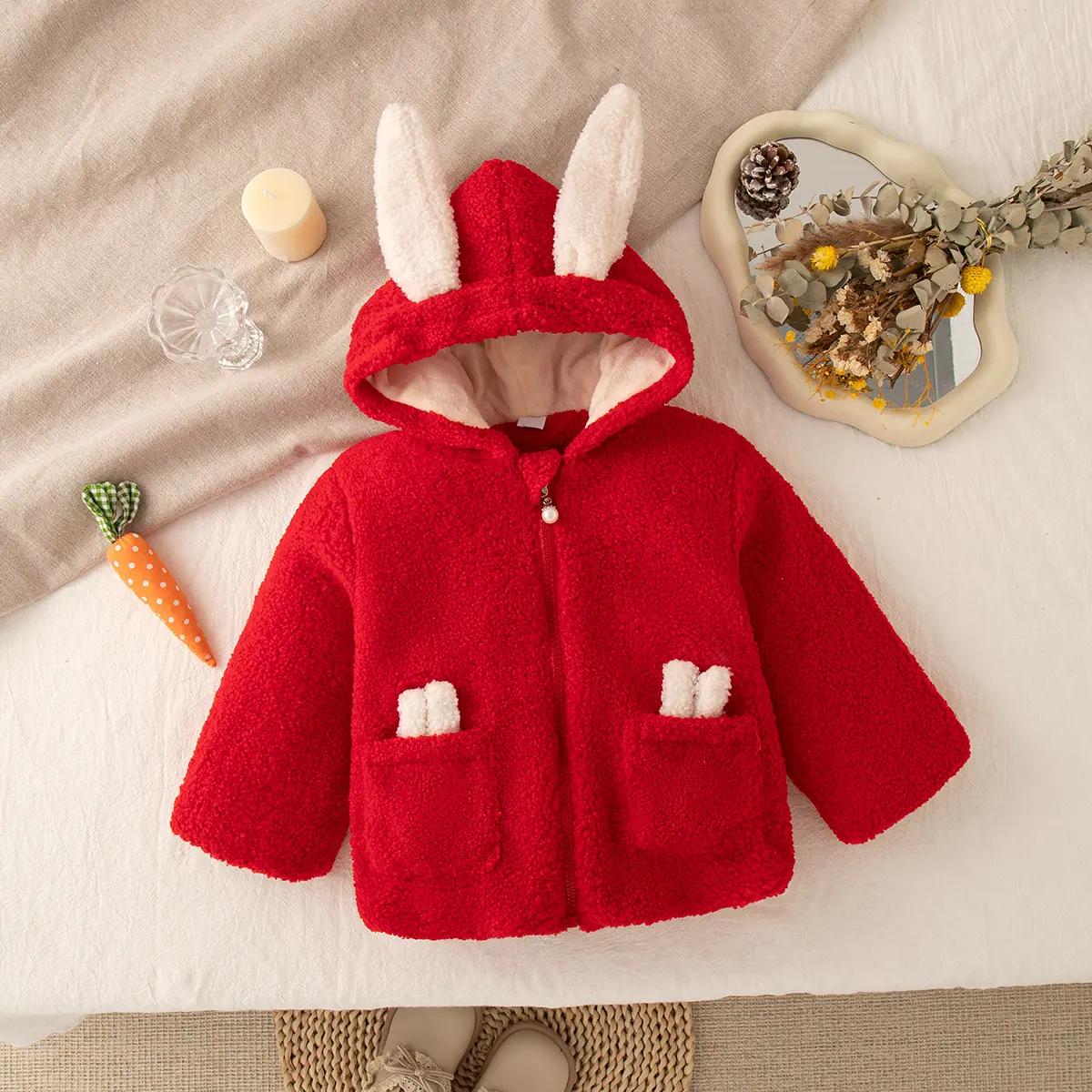 Baby Jacket Autumn Winter New Long Sleeved Baby Girl Clothes Solid Color Hooded Cute Rabbit Ear Clothes Girl