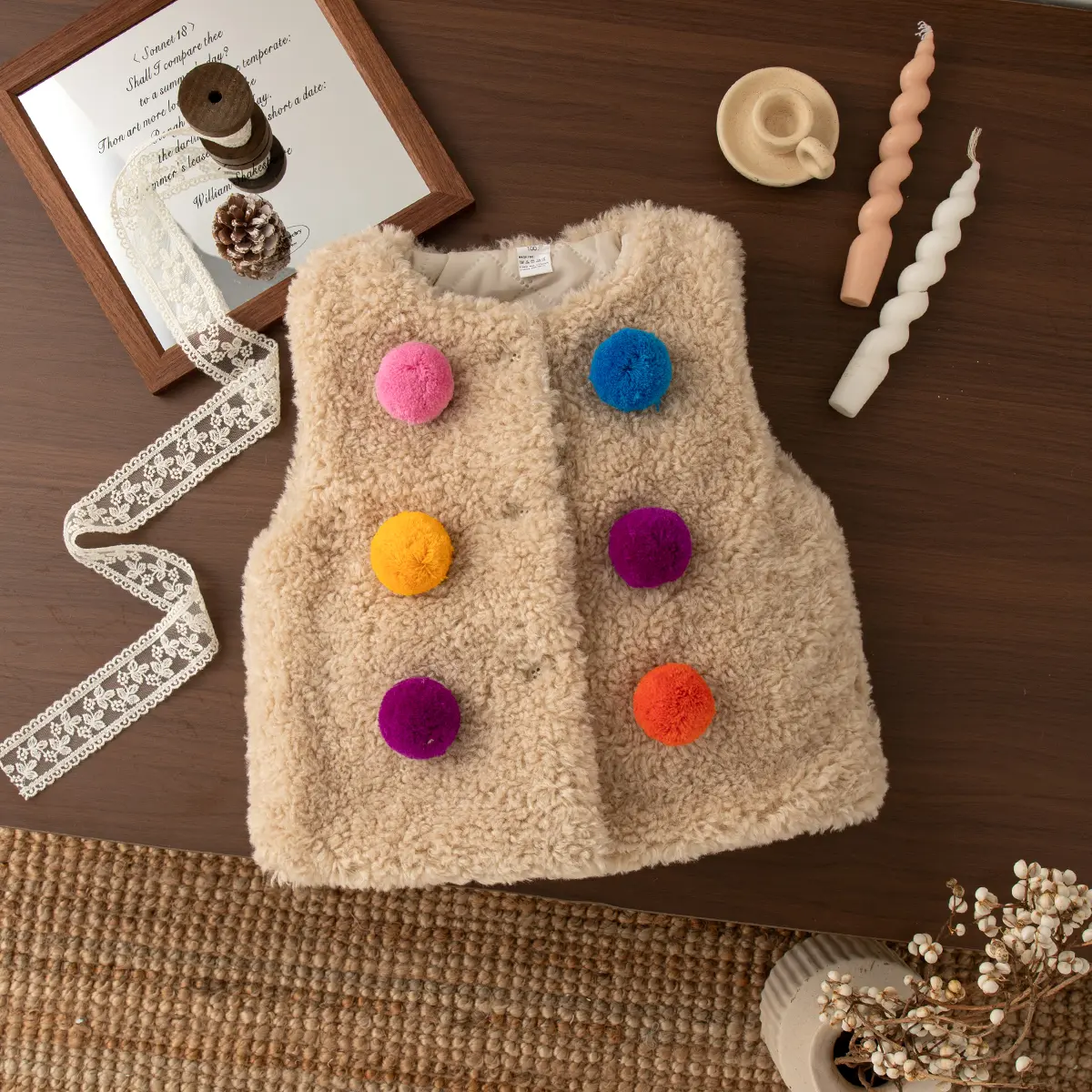 Baby Waistcoat Winter New Sleeveless Clothes Girl Solid Color Round Neck Button Cardigan Wool Ball Baby Clothes