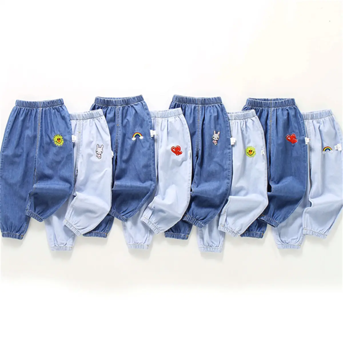 Children'S Jeans Baby Four Seasons Outwear Casual Pants Embroidered Simple Versatile Elastic Waist Sports Wear