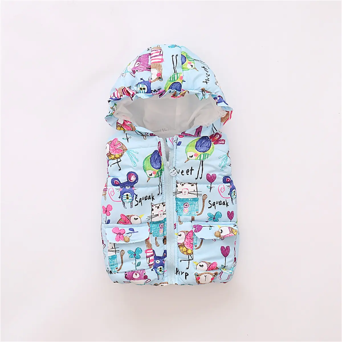 Winter Baby Sleeveless Coat Children'S Cartoon Print Hooded Zipper Filled Cotton Vest Children Wear Warm Clothing When Going Out