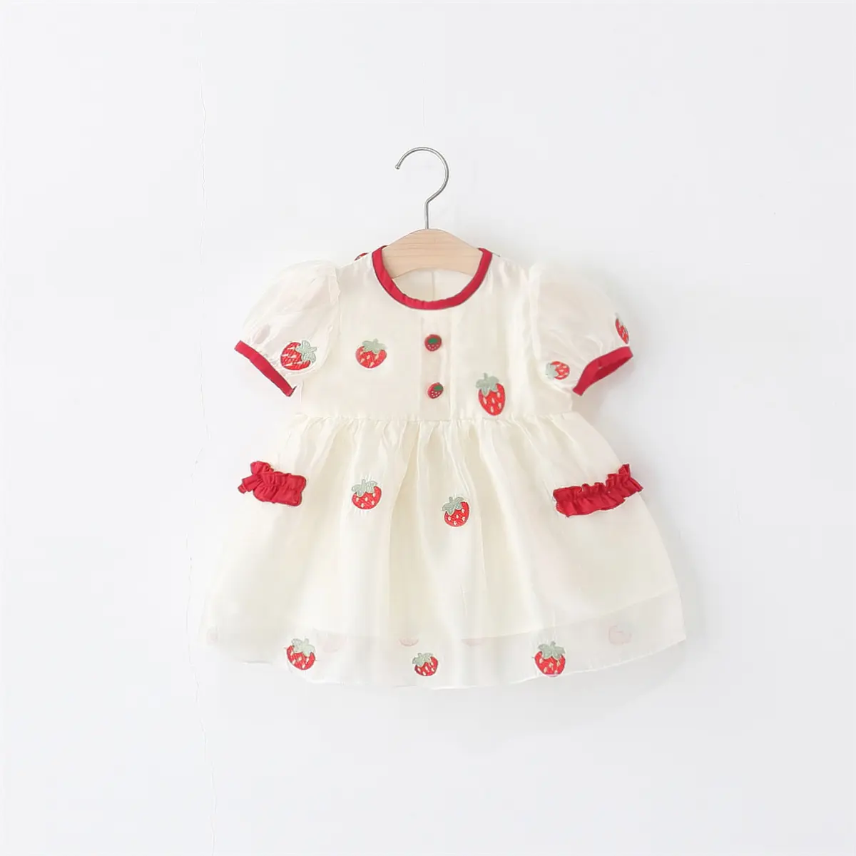 Baby Dresses Summer New Short Sleeved Toddler Dress Strawberry Embroidery Imitation Satin Round Neck Girl Clothing