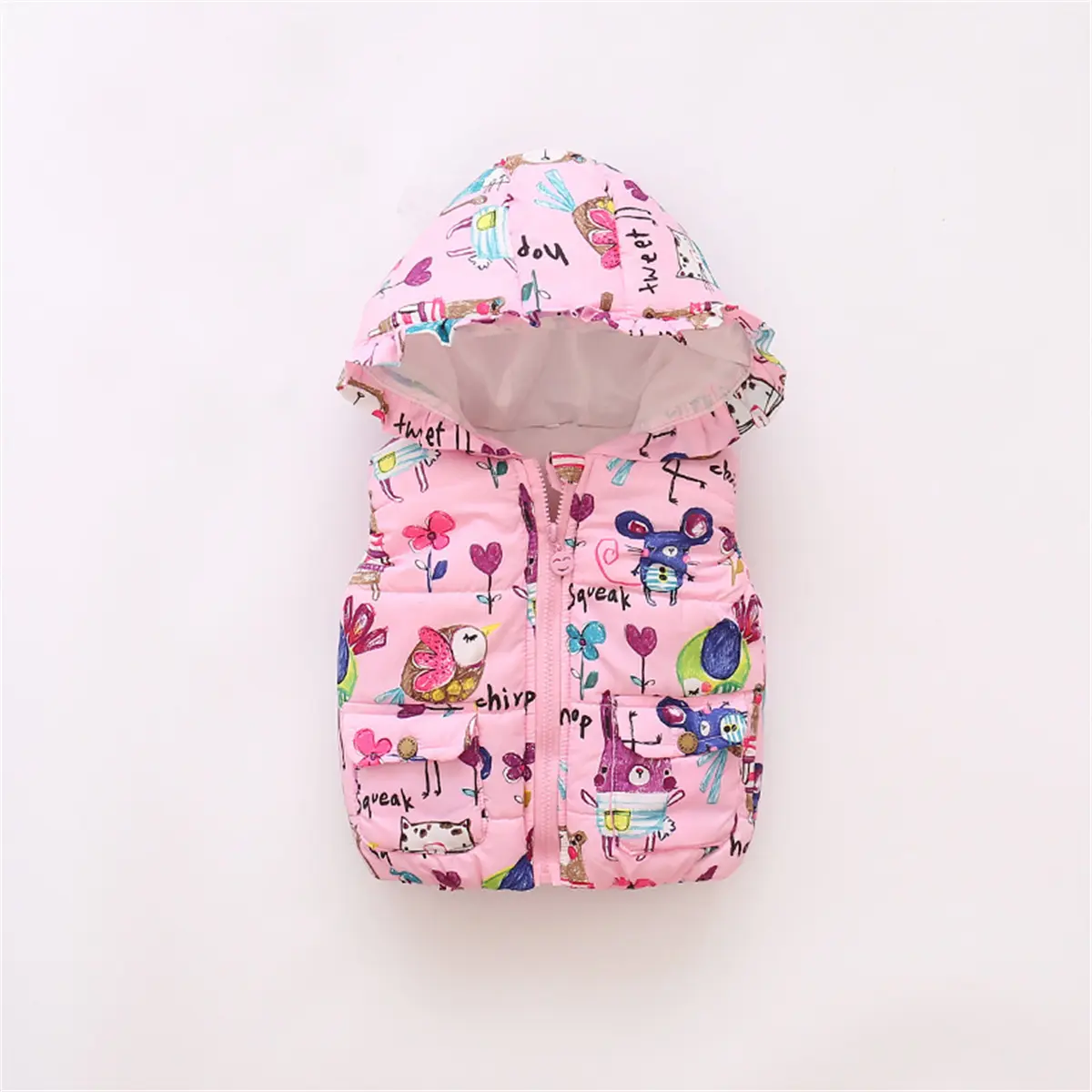 Winter Baby Sleeveless Coat Children'S Cartoon Print Hooded Zipper Filled Cotton Vest Children Wear Warm Clothing When Going Out