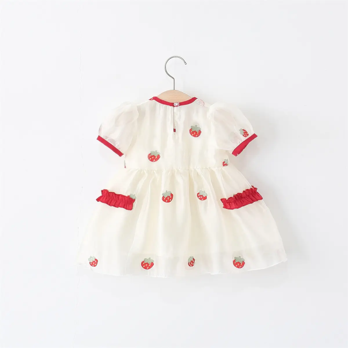 Baby Dresses Summer New Short Sleeved Toddler Dress Strawberry Embroidery Imitation Satin Round Neck Girl Clothing