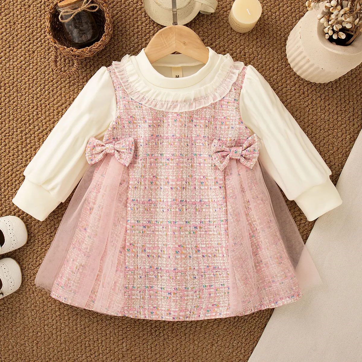 Casual Dresses For Girls Summer New Long Sleeve Baby Girl Clothing Checkered Mesh Sweet Bow Ruffle Baby Dresses
