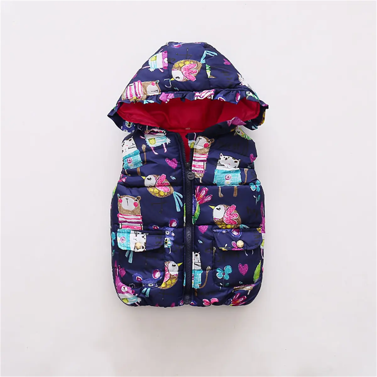Winter Baby Sleeveless Coat Children'S Cartoon Print Hooded Zipper Filled Cotton Vest Children Wear Warm Clothing When Going Out