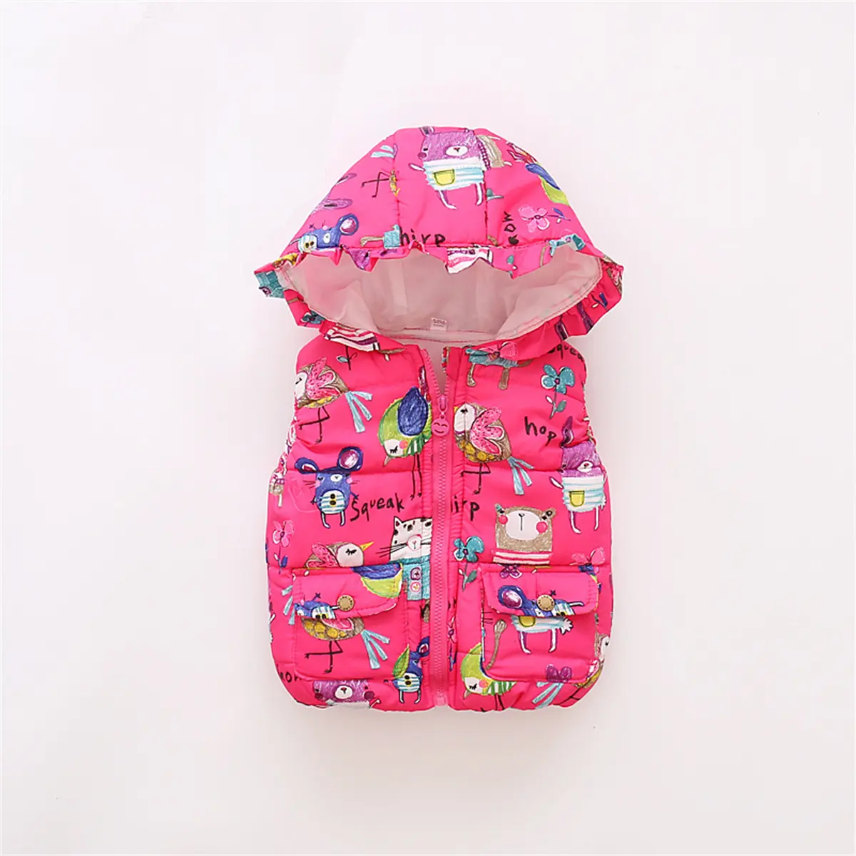 Winter Baby Sleeveless Coat Children'S Cartoon Print Hooded Zipper Filled Cotton Vest Children Wear Warm Clothing When Going Out