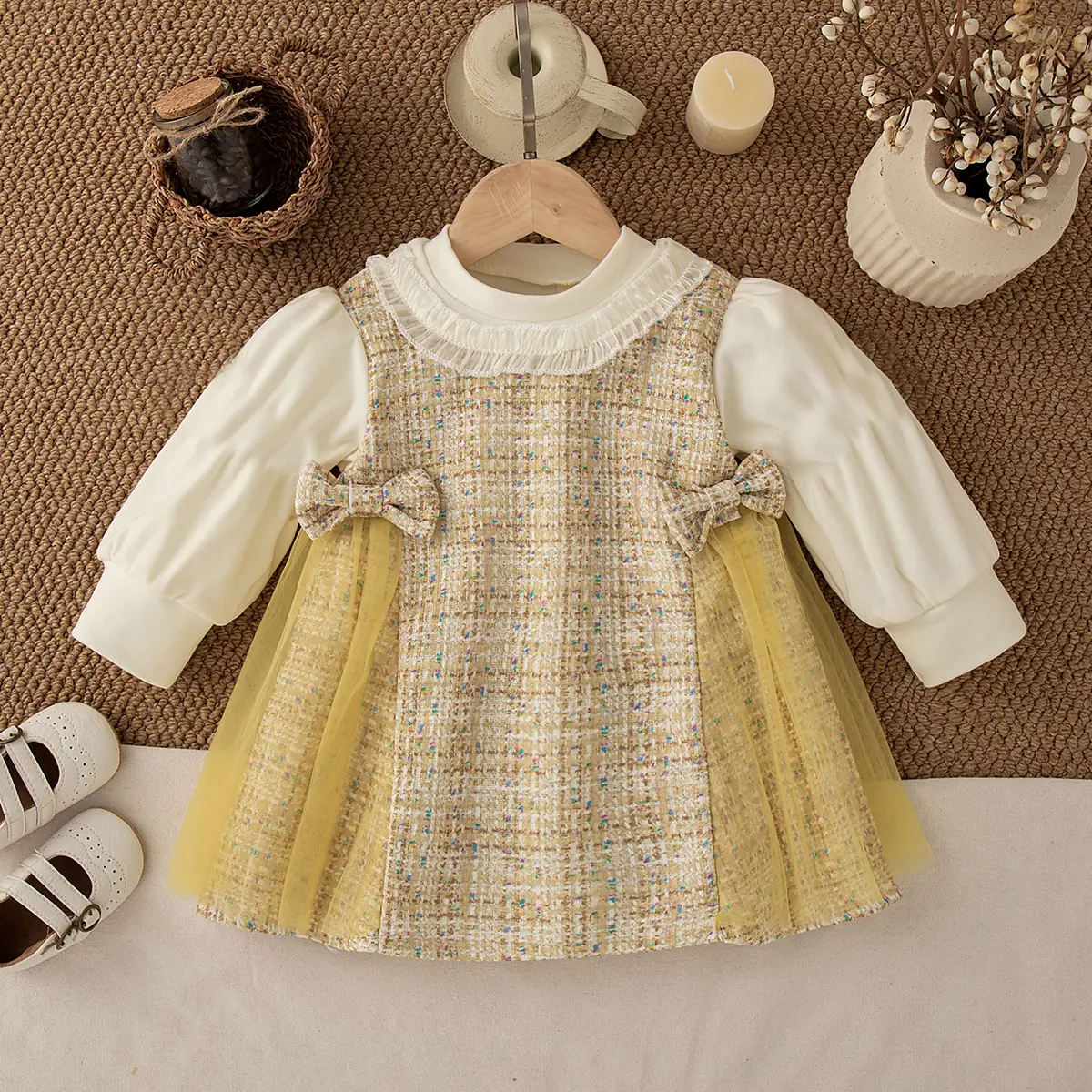 Casual Dresses For Girls Summer New Long Sleeve Baby Girl Clothing Checkered Mesh Sweet Bow Ruffle Baby Dresses