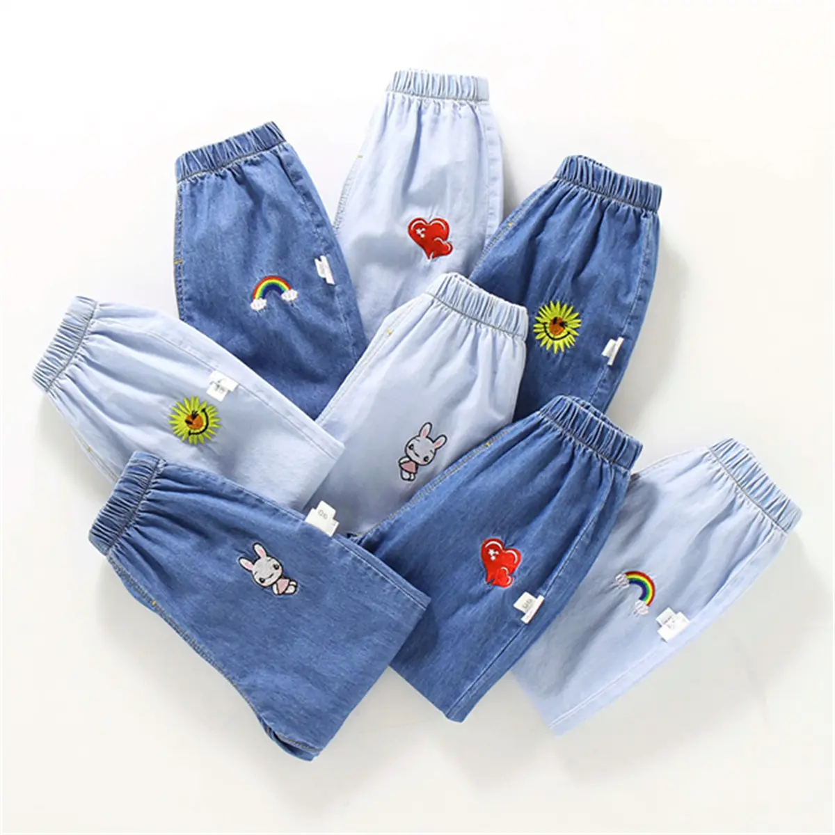 Children'S Jeans Baby Four Seasons Outwear Casual Pants Embroidered Simple Versatile Elastic Waist Sports Wear
