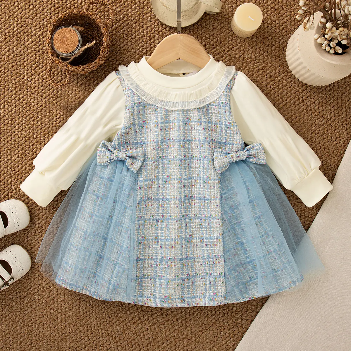 Casual Dresses For Girls Summer New Long Sleeve Baby Girl Clothing Checkered Mesh Sweet Bow Ruffle Baby Dresses