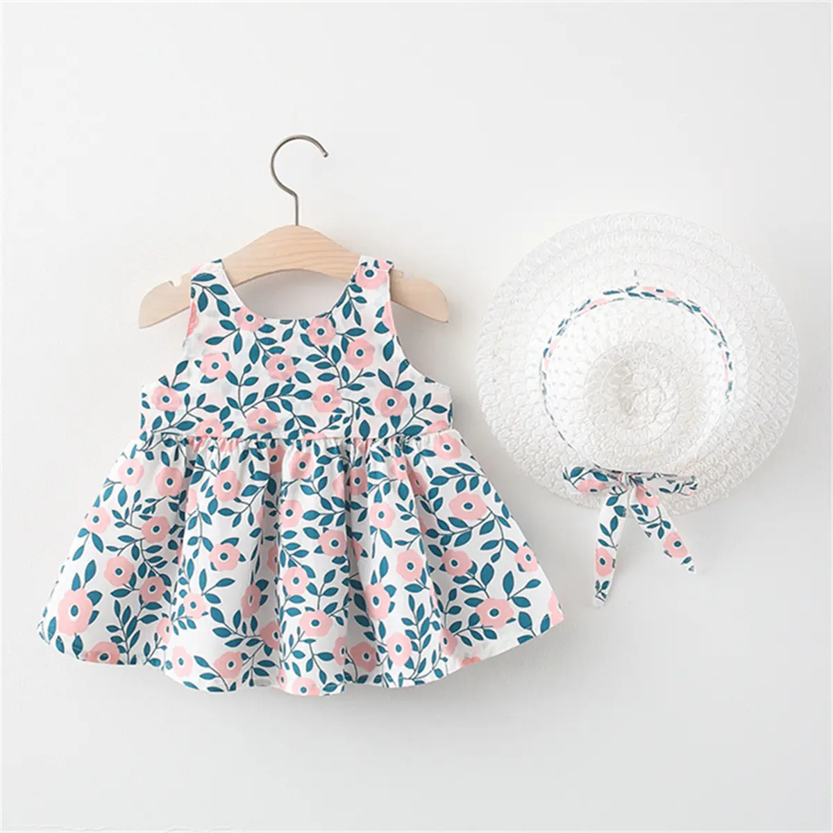 2-Piece Baby Suspender Dress+Sun Hat Girl'S Leaf Print Bow Sleeveless Cotton Beach Skirt Children'S Aesthetic Daily Clothes