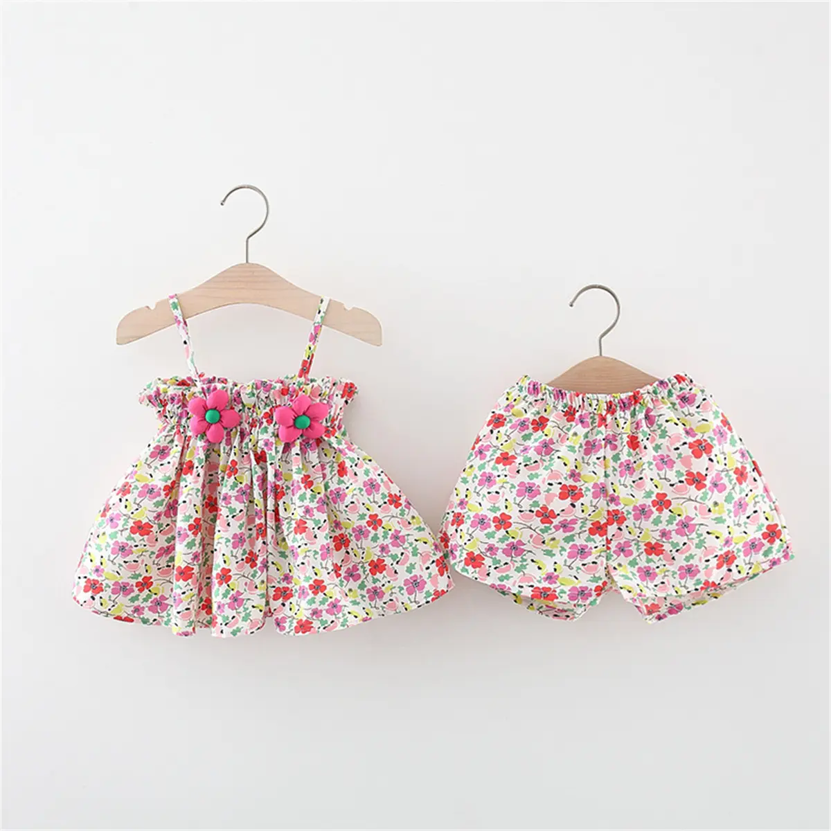 Summer Baby Set Cute Girl Beach 2-Piece Set Bow Tie Strap Fragmented Flower Top And Shorts Cool And Cute Children'S Wear