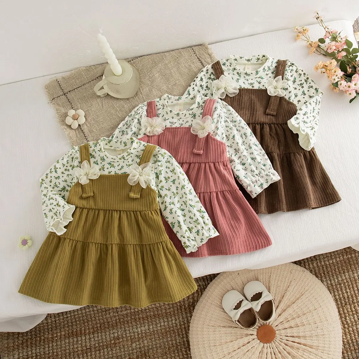 Toddler Dress Autumn New Long Sleeved Dress For Girl Leaf Print Imitation Two Pieces 3d Flowers Baby Girl Clothing