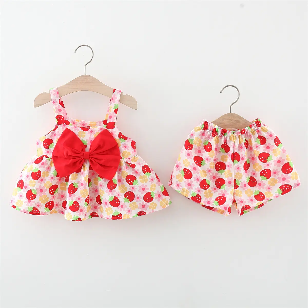 Summer Baby Set Cute Girl Beach 2-Piece Set Bow Tie Strap Fragmented Flower Top And Shorts Cool And Cute Children'S Wear