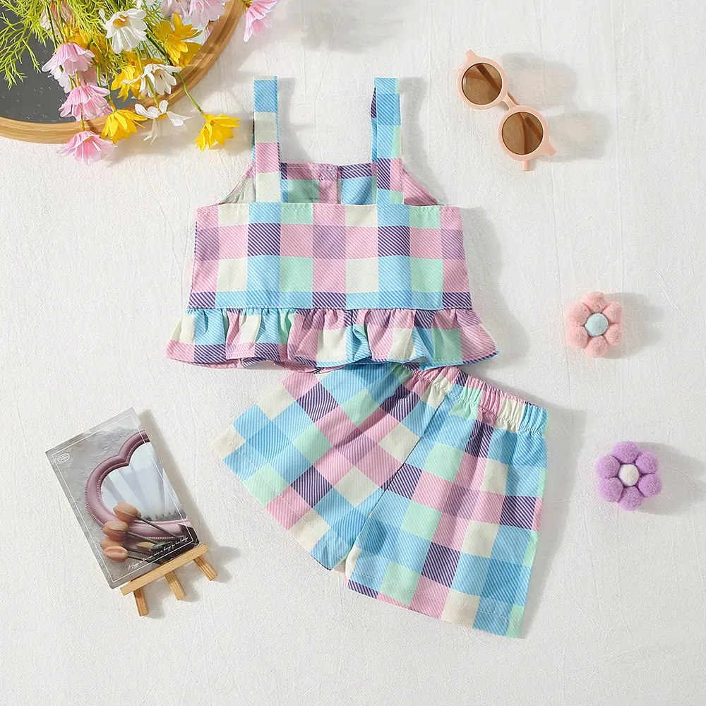 Summer Beach Girls' Strap Shorts Set Baby Girls' Bottom Lace Multiple Colors Checkered Printed Strap Shorts