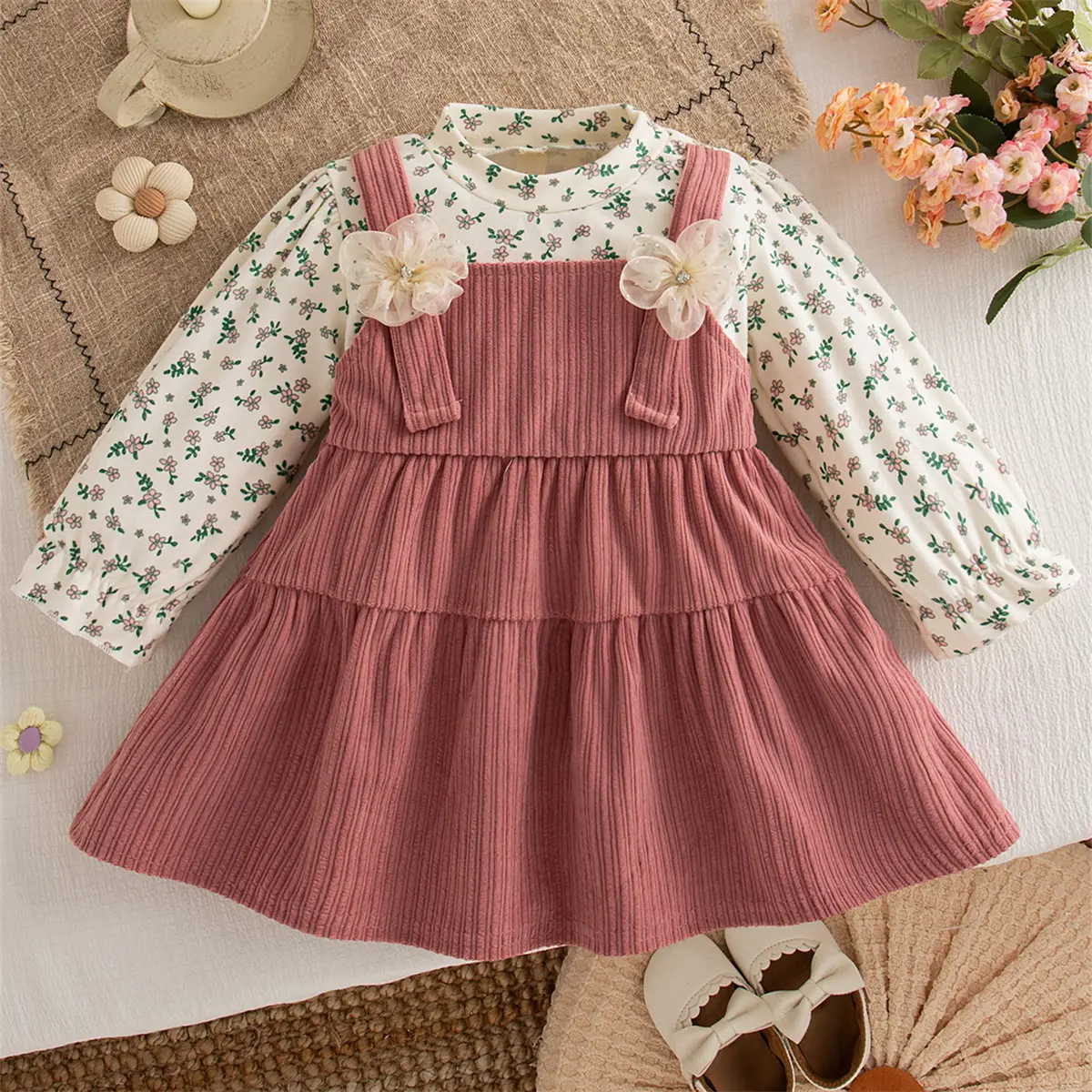 Toddler Dress Autumn New Long Sleeved Dress For Girl Leaf Print Imitation Two Pieces 3d Flowers Baby Girl Clothing