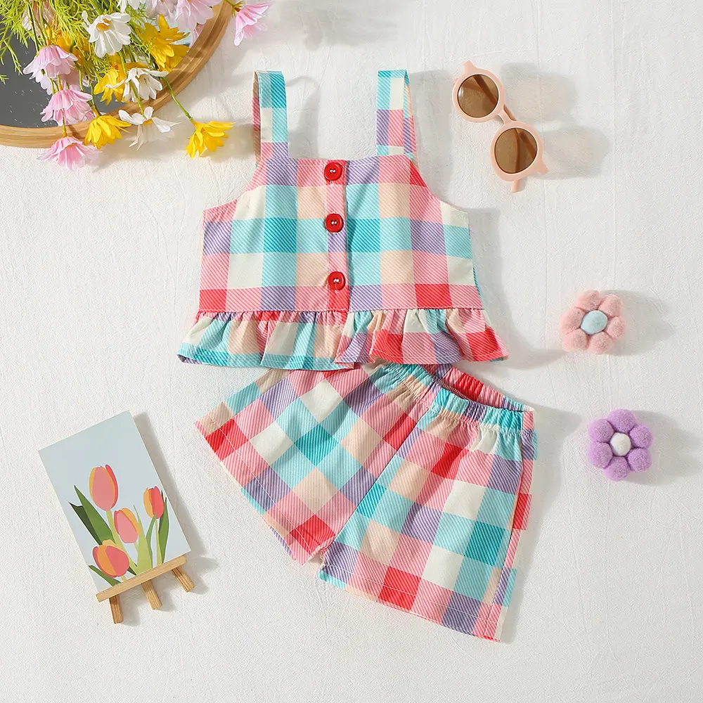 Summer Beach Girls' Strap Shorts Set Baby Girls' Bottom Lace Multiple Colors Checkered Printed Strap Shorts