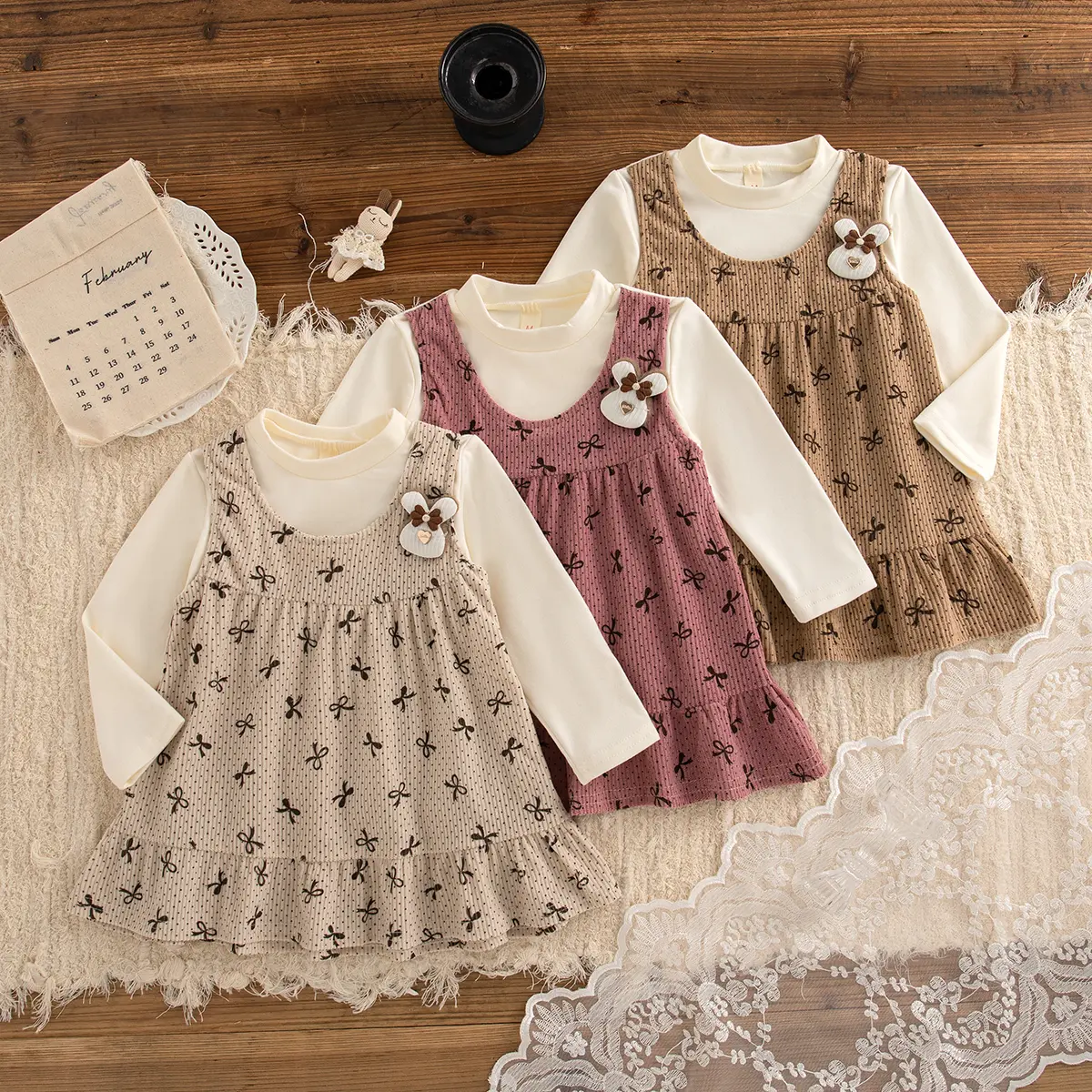 Baby Girl Dresses Autumn New Long Sleeved Toddler Dress Sweet Bow Print Rabbit Imitation Two Pieces Girl Clothes