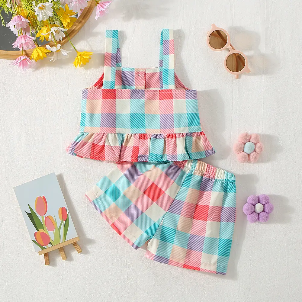 Summer Beach Girls' Strap Shorts Set Baby Girls' Bottom Lace Multiple Colors Checkered Printed Strap Shorts