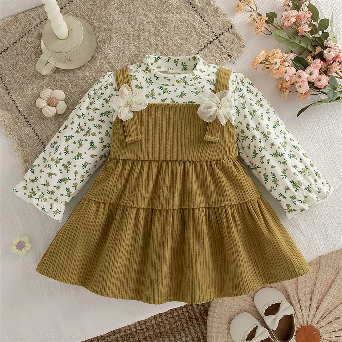 Toddler Dress Autumn New Long Sleeved Dress For Girl Leaf Print Imitation Two Pieces 3d Flowers Baby Girl Clothing