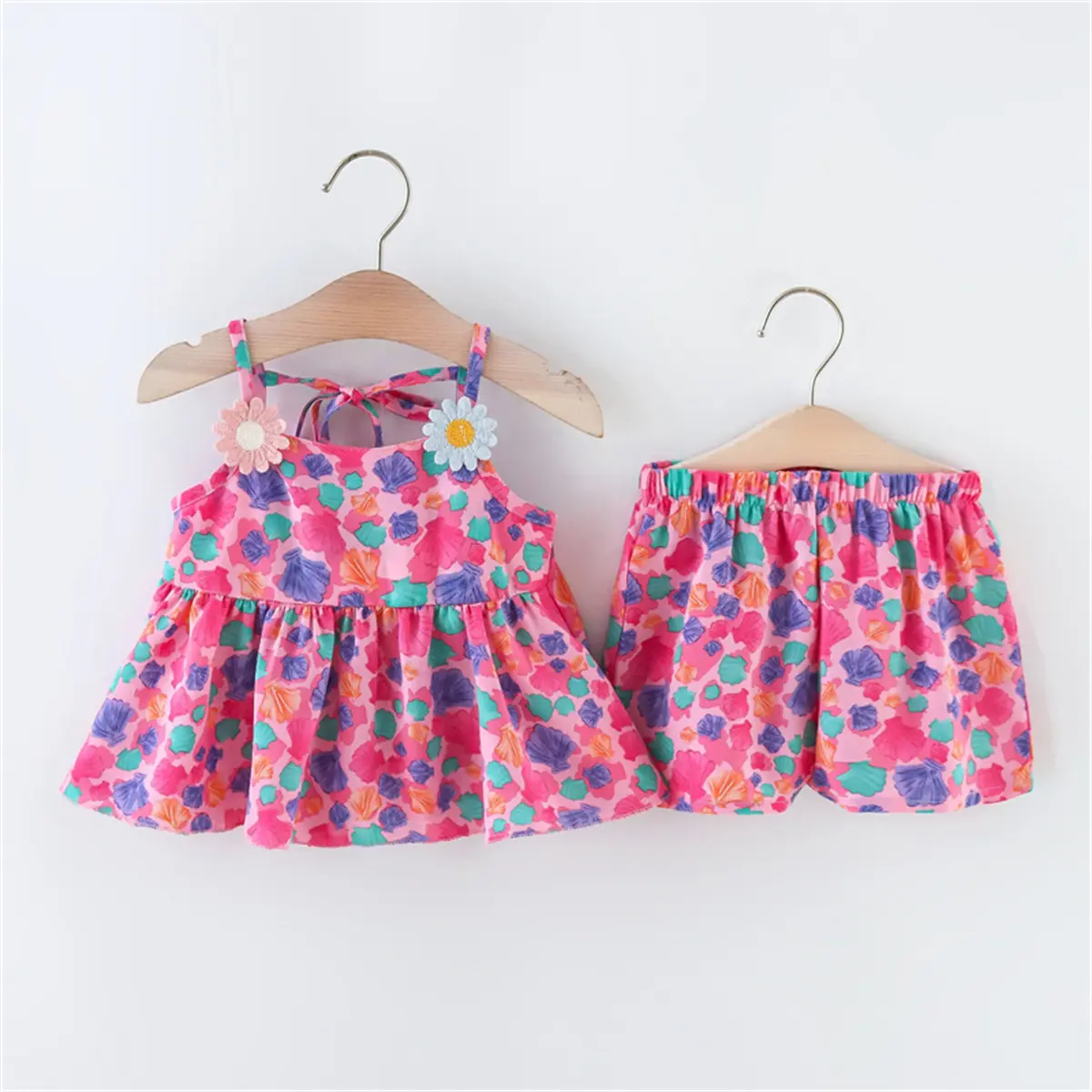 Summer 2-piece/set baby girl suspender set baby girl cartoon colored shell print daisy suspender shorts children's clothing