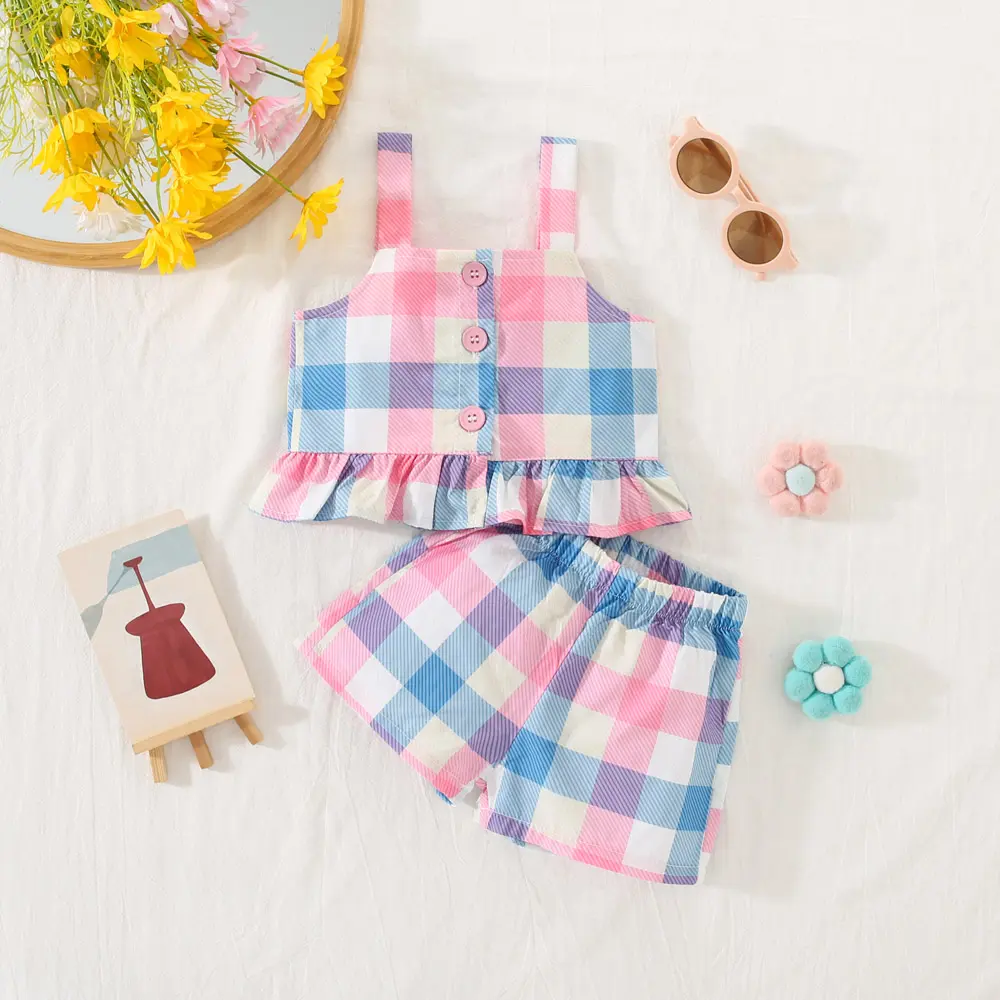 Summer Beach Girls' Strap Shorts Set Baby Girls' Bottom Lace Multiple Colors Checkered Printed Strap Shorts