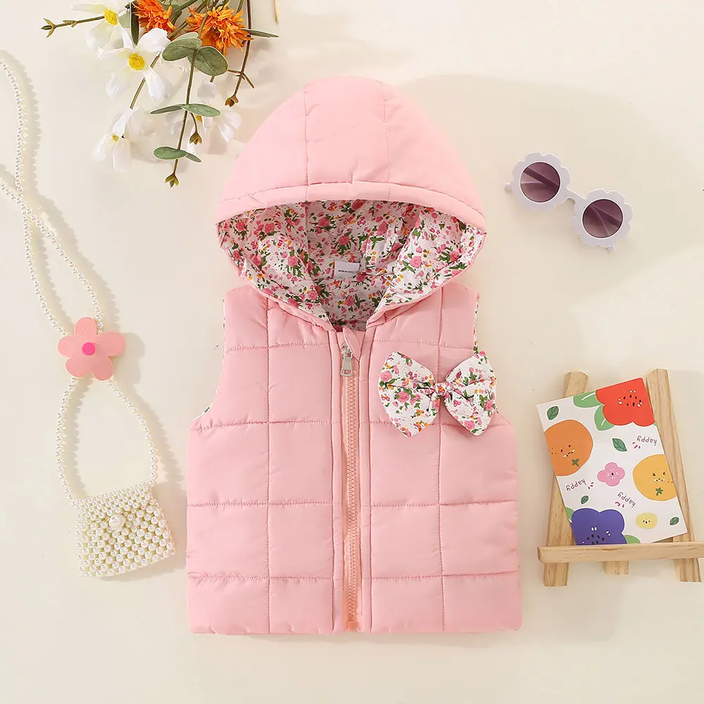 Preschool pink elephant printed cotton vest, children's hooded autumn and winter top coat