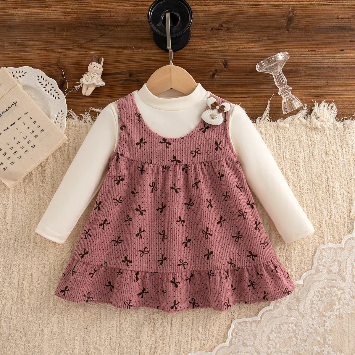 Baby Girl Dresses Autumn New Long Sleeved Toddler Dress Sweet Bow Print Rabbit Imitation Two Pieces Girl Clothes