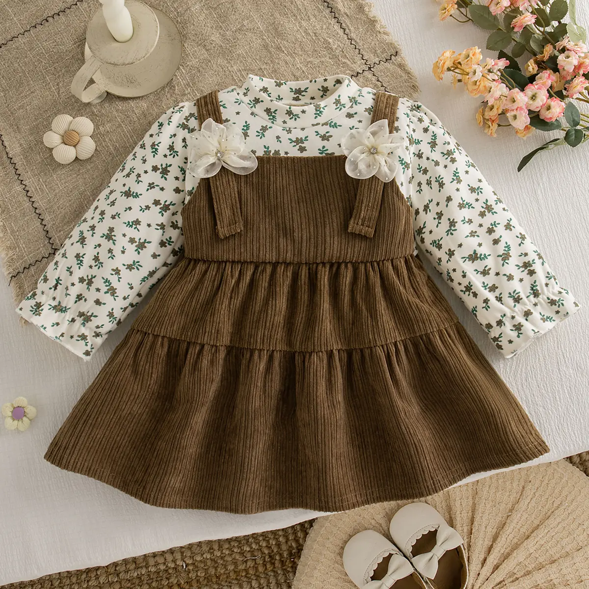 Toddler Dress Autumn New Long Sleeved Dress For Girl Leaf Print Imitation Two Pieces 3d Flowers Baby Girl Clothing