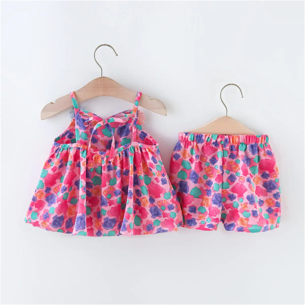 Summer 2-piece/set baby girl suspender set baby girl cartoon colored shell print daisy suspender shorts children's clothing
