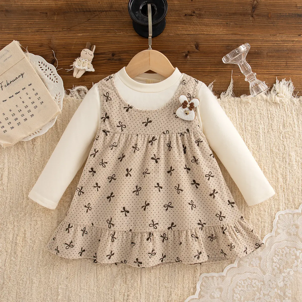Baby Girl Dresses Autumn New Long Sleeved Toddler Dress Sweet Bow Print Rabbit Imitation Two Pieces Girl Clothes