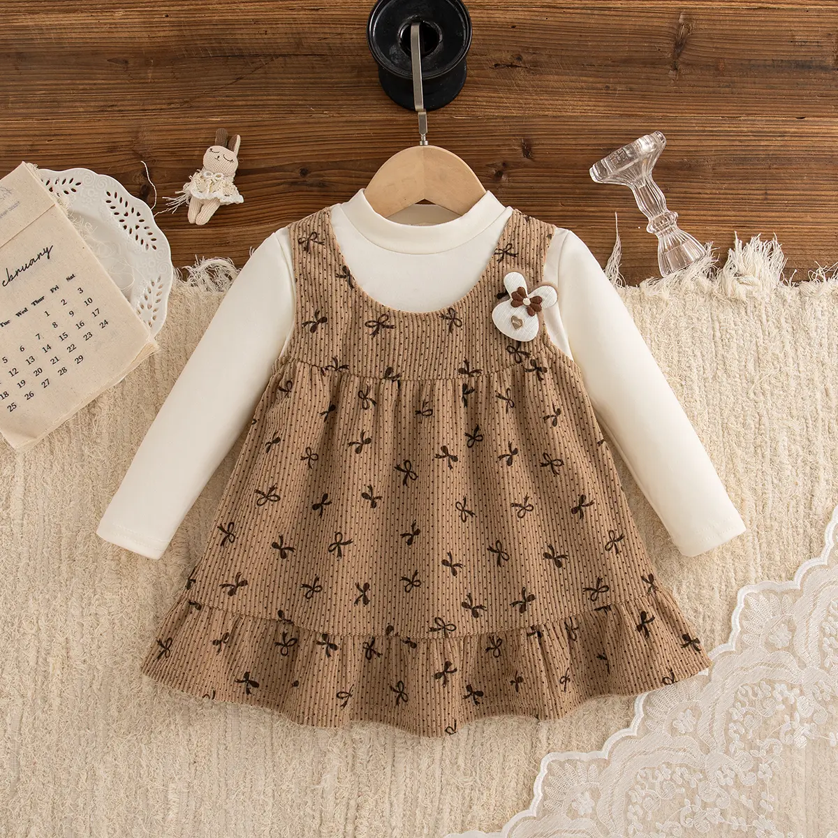 Baby Girl Dresses Autumn New Long Sleeved Toddler Dress Sweet Bow Print Rabbit Imitation Two Pieces Girl Clothes