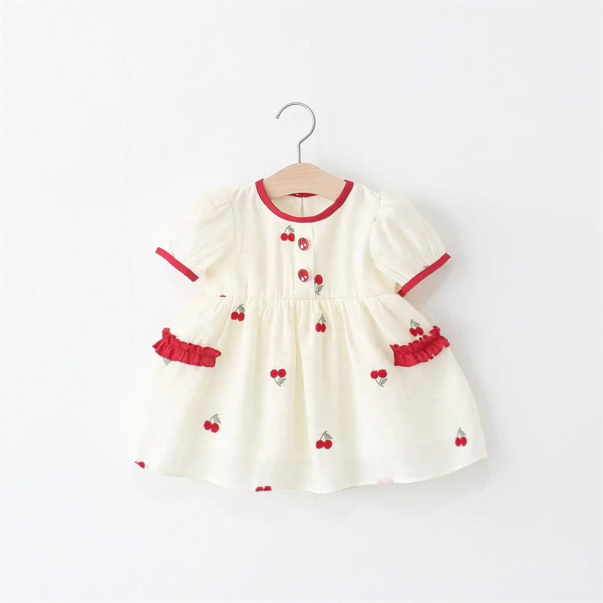 Toddler Dress Summer New Short Sleeved Girls Dress Simple Cherry Embroidery Ruffled Round Neck Girl Clothing