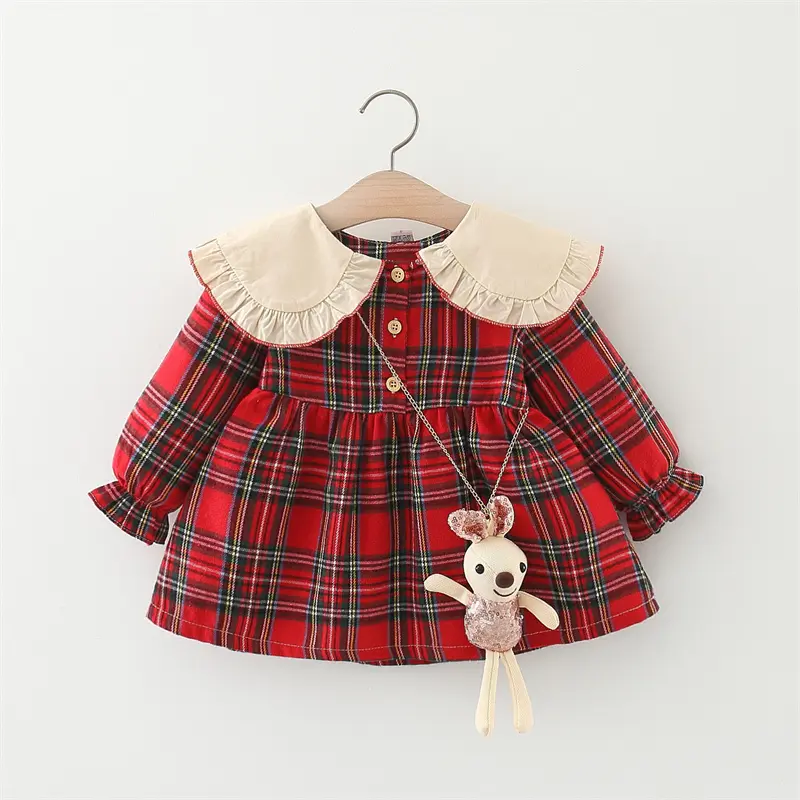 2/piece set for spring and autumn girls baby dress rabbit pendant girl large lapel plaid long sleeved princess dress