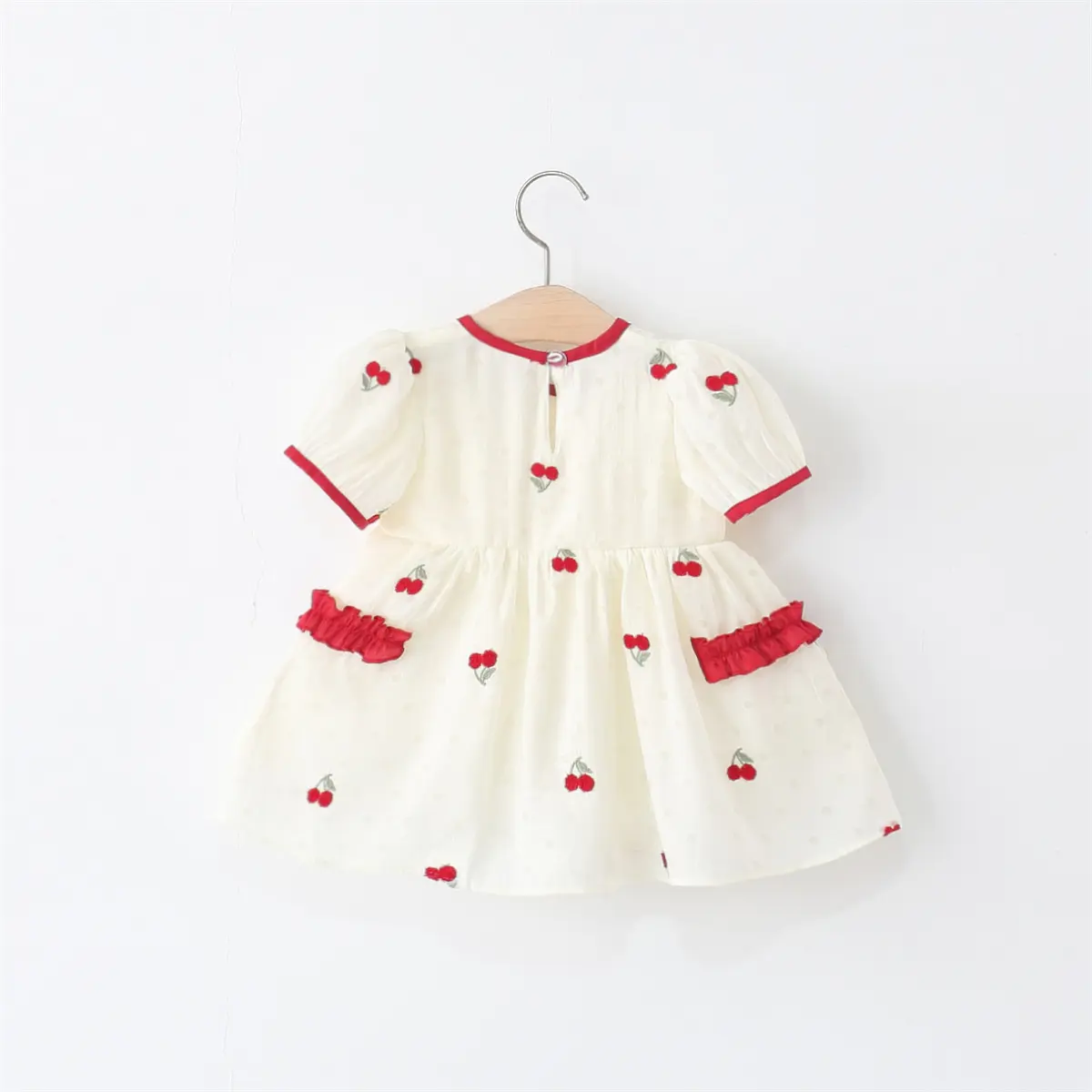 Toddler Dress Summer New Short Sleeved Girls Dress Simple Cherry Embroidery Ruffled Round Neck Girl Clothing