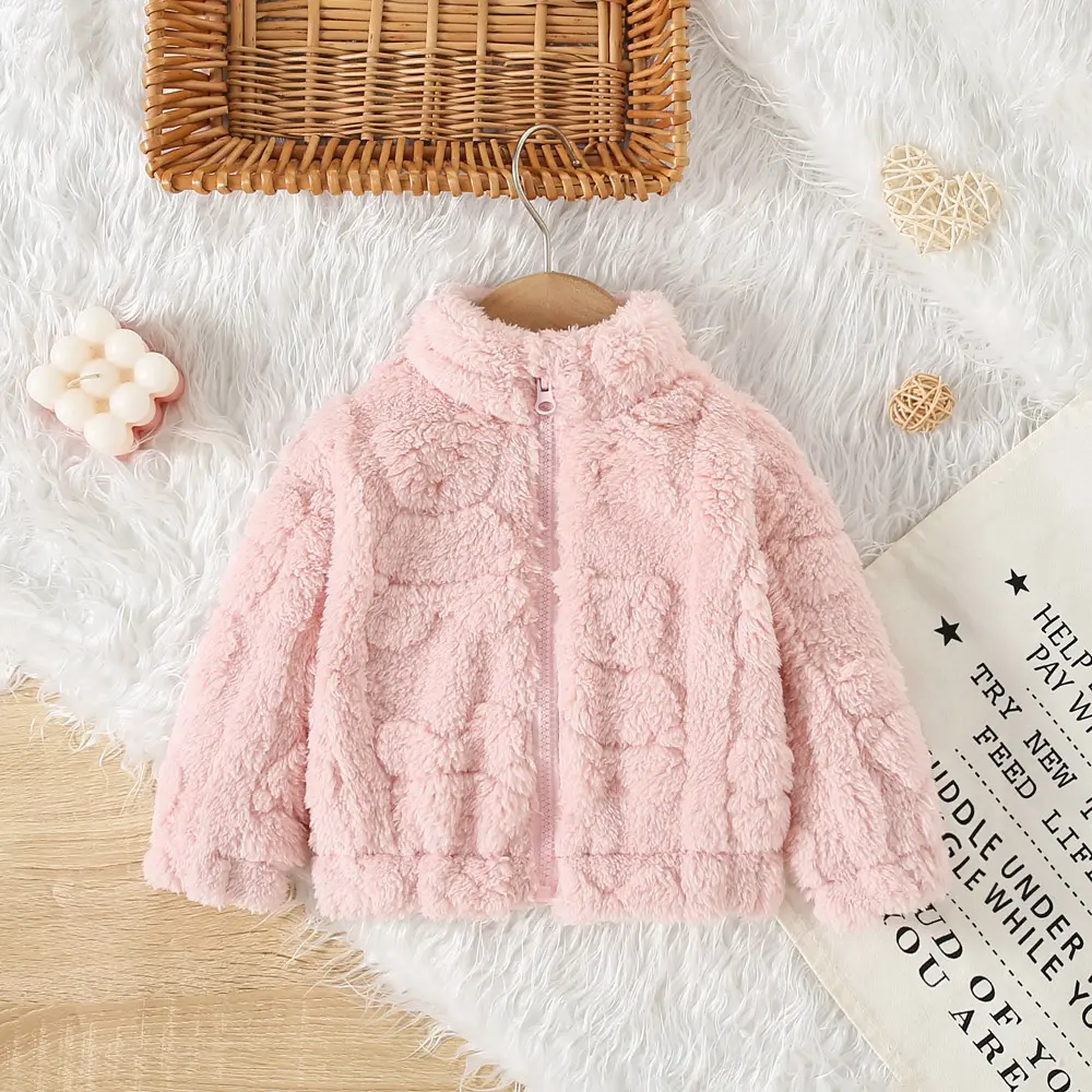 Spring and Autumn Hairy Baby Girl Coat Solid Color Three Dimensional Bear Zipper Cute Coat for Baby Girls