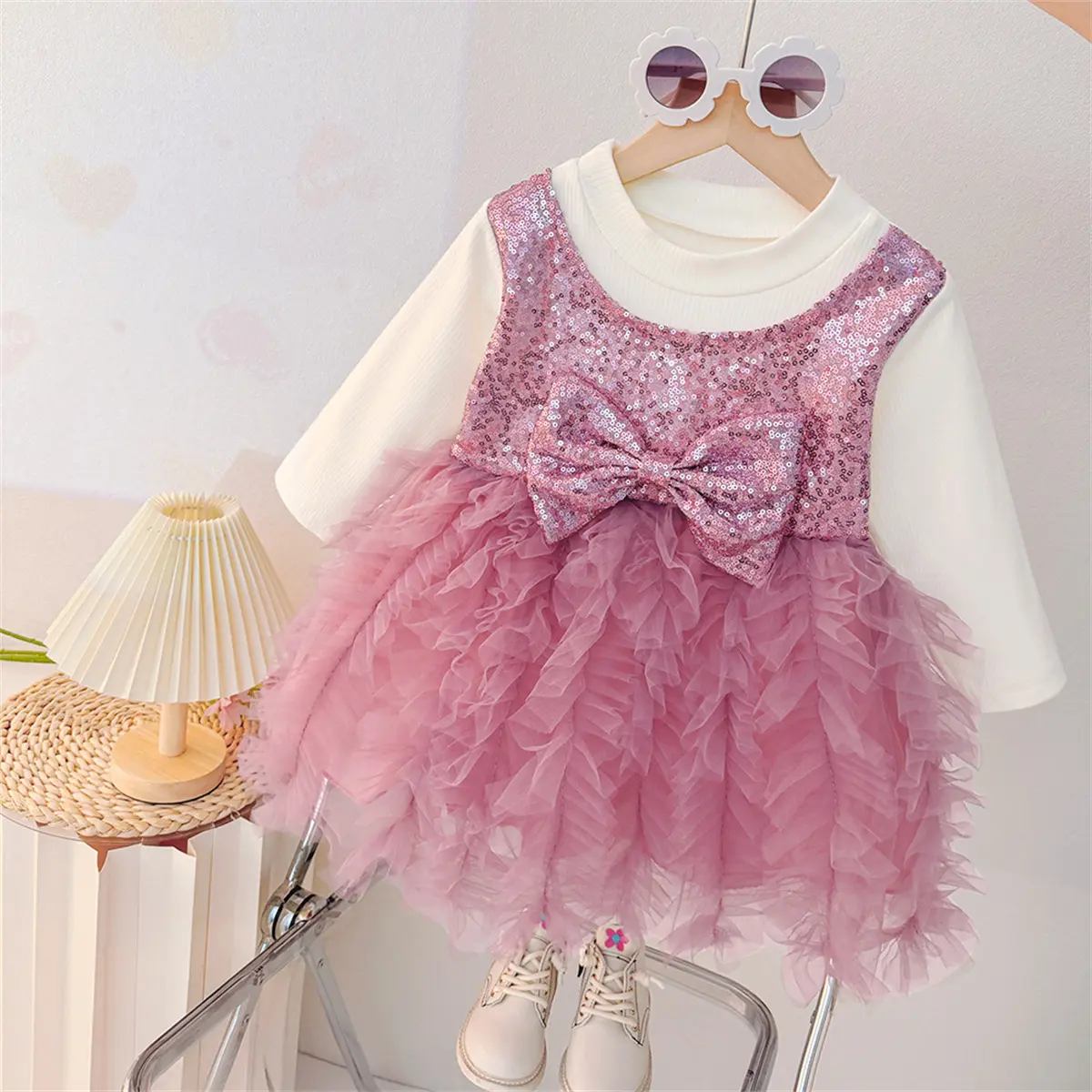 Birthday Dress Baby Girl Autumn New Long Sleeved Girl Dress Sweet Sequin Bow Mesh Imitation Two Pieces Baby Clothes