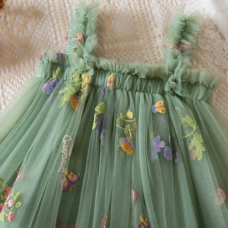 Girls' mesh dress summer baby girl covered in flower embroidery green suspender mesh, beach princess dress