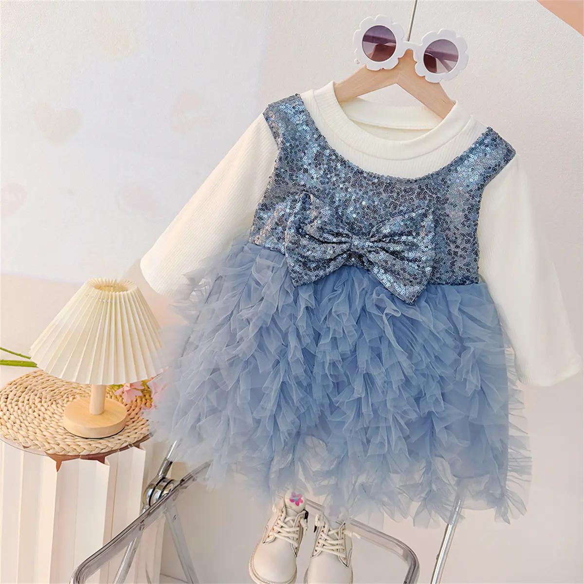 Birthday Dress Baby Girl Autumn New Long Sleeved Girl Dress Sweet Sequin Bow Mesh Imitation Two Pieces Baby Clothes